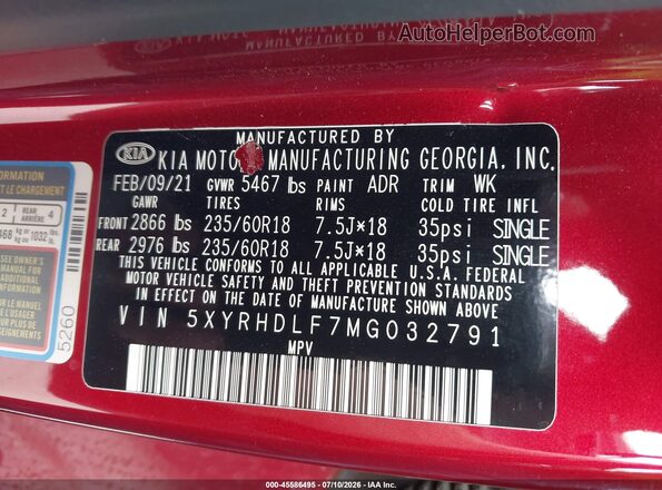 5XYRHDLF7MG032791 2021 KIA SORENTO Red Engine compartment view