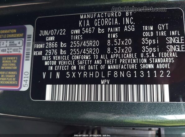 5XYRHDLF8NG131122 2022 KIA SORENTO Green Вид підкапотного простору
