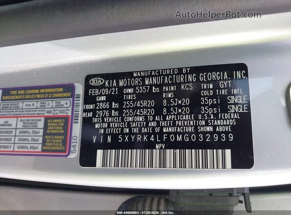 5XYRK4LF0MG032939 2021 KIA SORENTO Silver Շարժիչի բաժամունքի տեսք