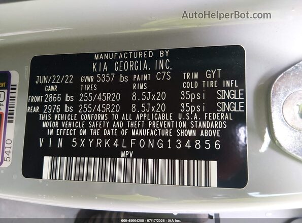 5XYRK4LF0NG134856 2022 KIA SORENTO Gray Engine compartment view