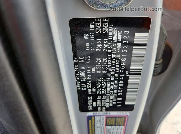 5XYRK4LF0NG152323 2022 KIA SORENTO Gray Widok naklejki z numerem VIN
