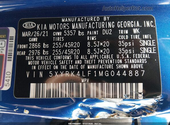 5XYRK4LF1MG044887 2021 KIA SORENTO Blue Engine compartment view