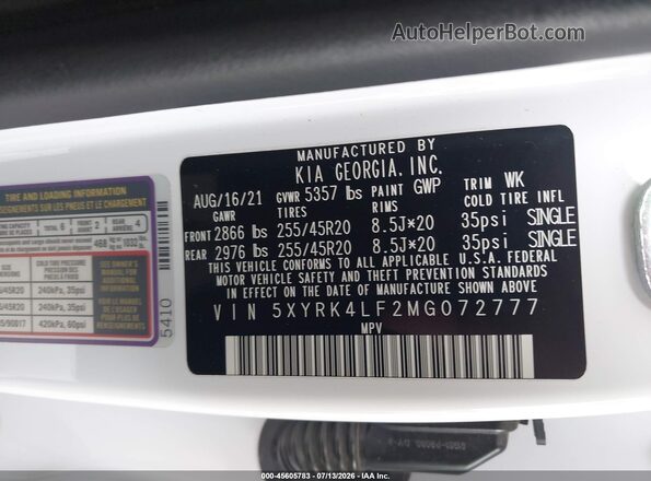 5XYRK4LF2MG072777 2021 KIA SORENTO White Вид підкапотного простору