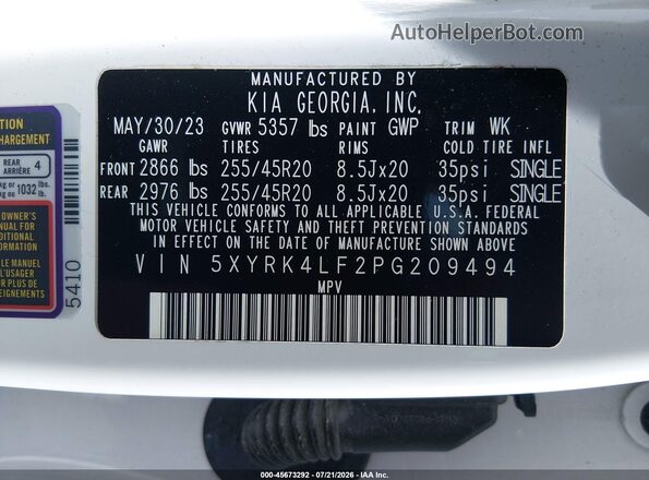 5XYRK4LF2PG209494 2023 KIA SORENTO White Widok komory silnika