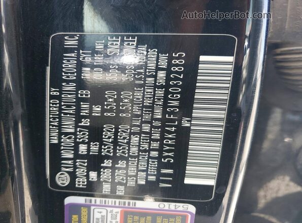 5XYRK4LF3MG032885 2021 KIA SORENTO Black Вид наклейки з VIN-кодом