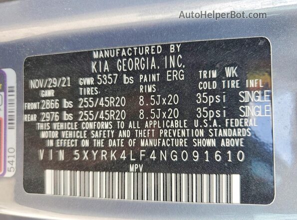 5XYRK4LF4NG091610 2022 KIA SORENTO Gray Widok wnętrza 360 stopni