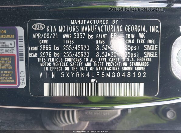 5XYRK4LF8MG048192 2021 KIA SORENTO Black ძრავის განყოფილების ხედი
