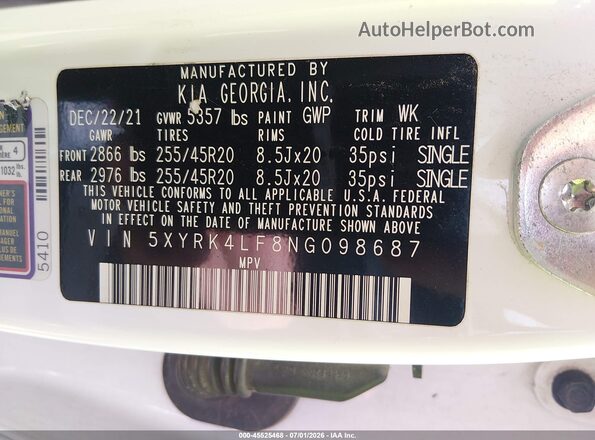 5XYRK4LF8NG098687 2022 KIA SORENTO White ძრავის განყოფილების ხედი