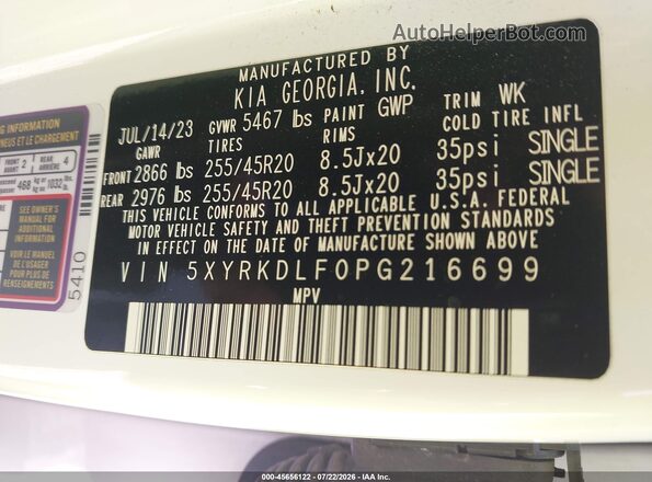 5XYRKDLF0PG216699 2023 KIA SORENTO White Շարժիչի բաժամունքի տեսք