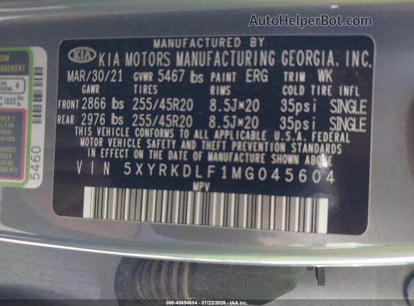 5XYRKDLF1MG045604 2021 KIA SORENTO Gray ძრავის განყოფილების ხედი