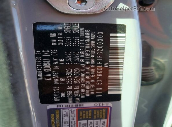 5XYRKDLF1PG200303 2023 KIA SORENTO Gray VIN կոդի պիտակի տեսք