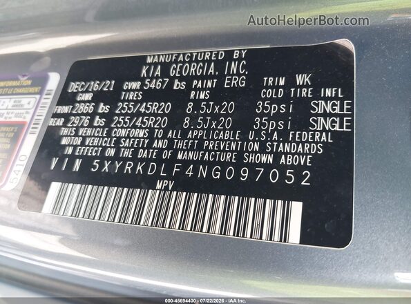 5XYRKDLF4NG097052 2022 KIA SORENTO Blue Vista del compartimento del motor