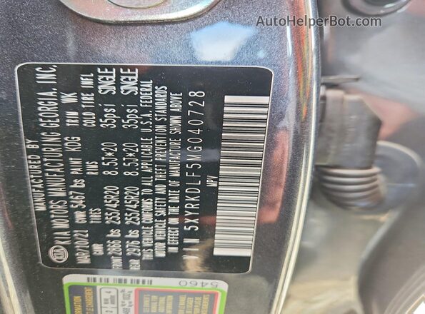 5XYRKDLF5MG040728 2021 KIA SORENTO Gray VIN კოდის სტიკერის ხედი
