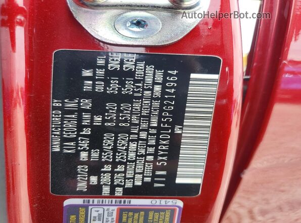 5XYRKDLF5PG214964 2023 KIA SORENTO Red VIN կոդի պիտակի տեսք