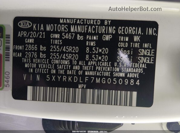 5XYRKDLF7MG050984 2021 KIA SORENTO Белый Вид подкапотного пространства