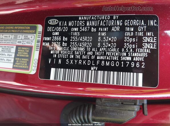 5XYRKDLF8MG017962 2021 KIA SORENTO Red Вид підкапотного простору