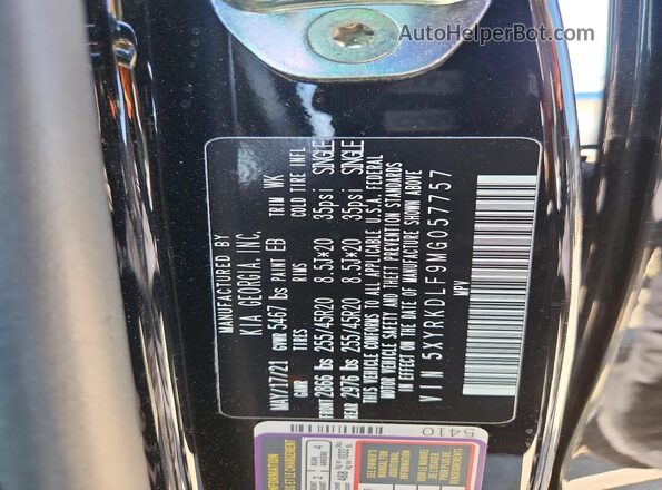 5XYRKDLF9MG057757 2021 KIA SORENTO Black VIN კოდის სტიკერის ხედი