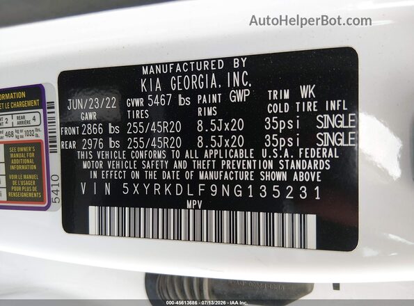 5XYRKDLF9NG135231 2022 KIA SORENTO White Вид підкапотного простору