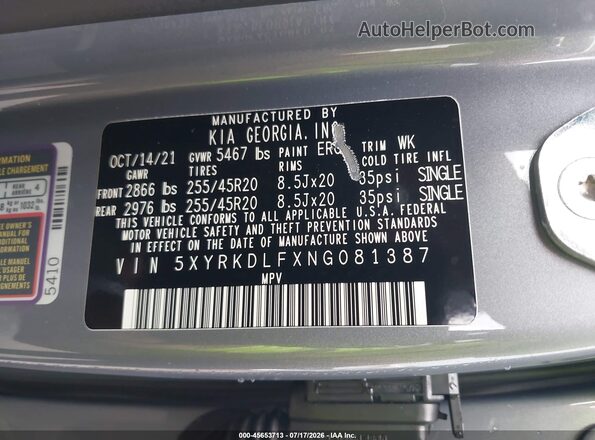 5XYRKDLFXNG081387 2022 KIA SORENTO Gray Vista del compartimento del motor