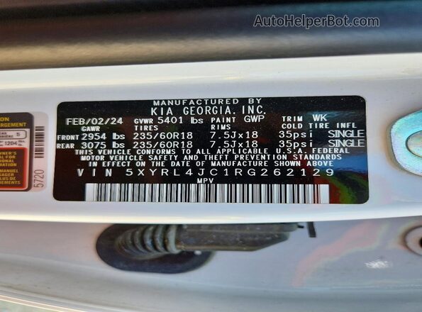 5XYRL4JC1RG262129 2024 KIA SORENTO Белый Вид наклейки с VIN-кодом