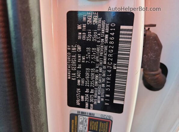 5XYRL4JC2RG286410 2024 KIA SORENTO White VIN կոդի պիտակի տեսք