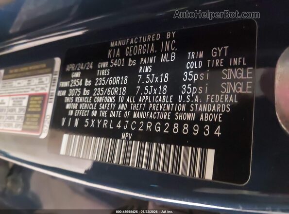 5XYRL4JC2RG288934 2024 KIA SORENTO Blue Engine compartment view