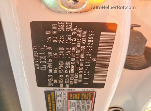5XYRL4JC3SG328993 2025 KIA SORENTO Белый Вид наклейки с VIN-кодом
