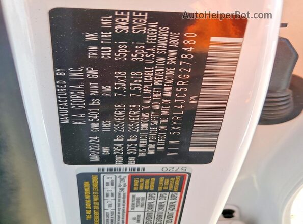 5XYRL4JC5RG278480 2024 KIA SORENTO White VIN կոդի պիտակի տեսք