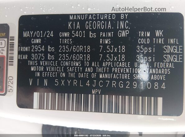 5XYRL4JC7RG291084 2024 KIA SORENTO White ძრავის განყოფილების ხედი