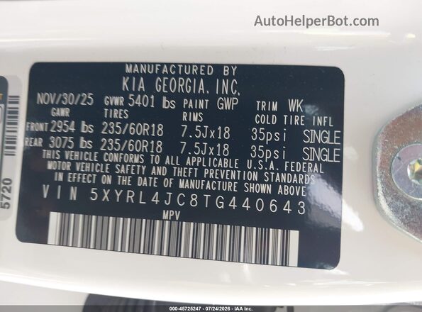 5XYRL4JC8TG440643 2026 KIA SORENTO White Engine compartment view
