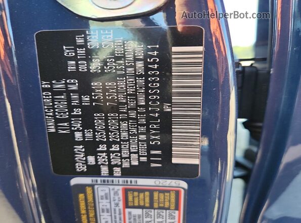 5XYRL4JC9SG334541 2025 KIA SORENTO Blue Vista del compartimento del motor