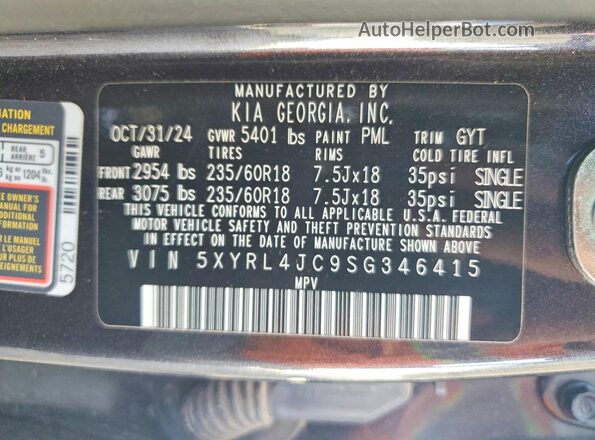 5XYRL4JC9SG346415 2025 KIA SORENTO Charcoal სალონის 360-გრადუსიანი ხედი