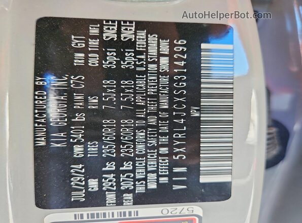 5XYRL4JCXSG314296 2025 KIA SORENTO Gray VIN კოდის სტიკერის ხედი
