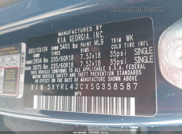 5XYRL4JCXSG358587 2025 KIA SORENTO Blue Շարժիչի բաժամունքի տեսք