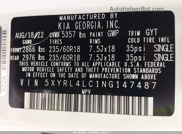 5XYRL4LC1NG147487 2022 KIA SORENTO White Vista del compartimento del motor