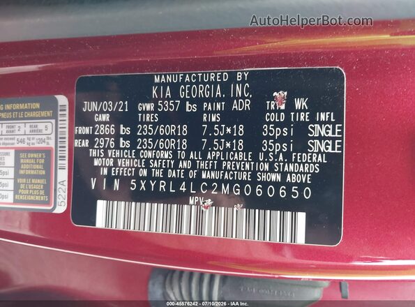 5XYRL4LC2MG060650 2021 KIA SORENTO Red Вид підкапотного простору