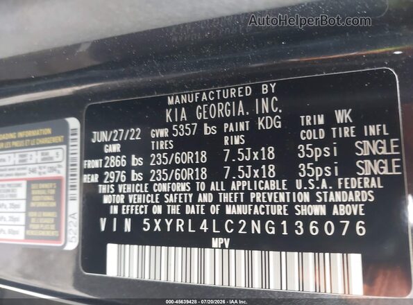 5XYRL4LC2NG136076 2022 KIA SORENTO Gray ძრავის განყოფილების ხედი