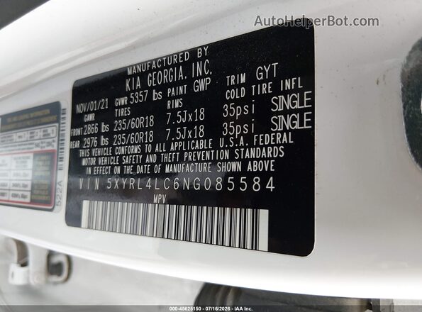 5XYRL4LC6NG085584 2022 KIA SORENTO White Vista del compartimento del motor