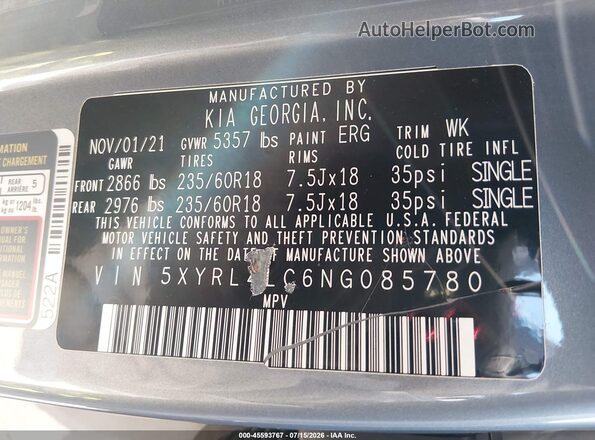 5XYRL4LC6NG085780 2022 KIA SORENTO Gray Vista del compartimento del motor