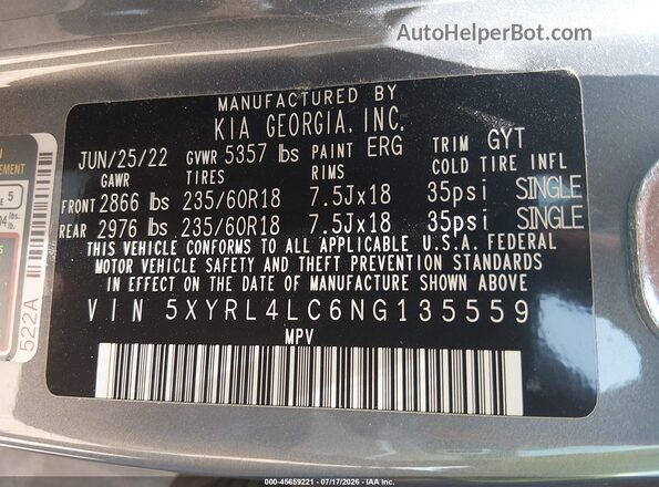 5XYRL4LC6NG135559 2022 KIA SORENTO Gray Вид підкапотного простору