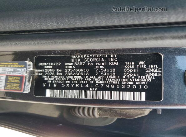 5XYRL4LC7NG132010 2022 KIA SORENTO Gray VIN կոդի պիտակի տեսք