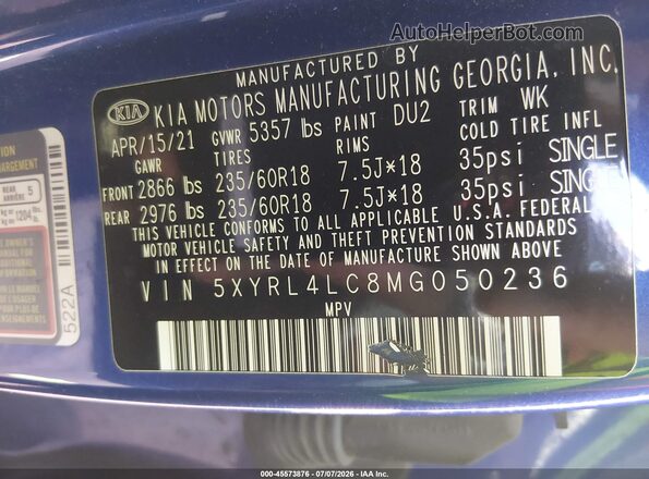 5XYRL4LC8MG050236 2021 KIA SORENTO Blue Շարժիչի բաժամունքի տեսք
