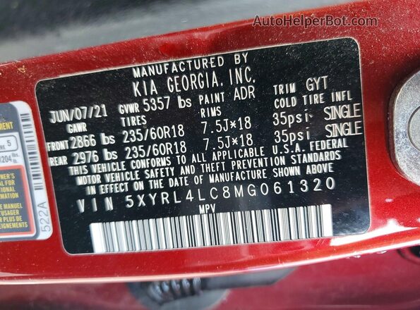 5XYRL4LC8MG061320 2021 KIA SORENTO Red Панорамний вид салону 360°