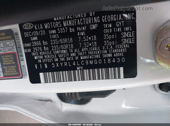 5XYRL4LC9MG018430 2021 KIA SORENTO Белый Вид подкапотного пространства