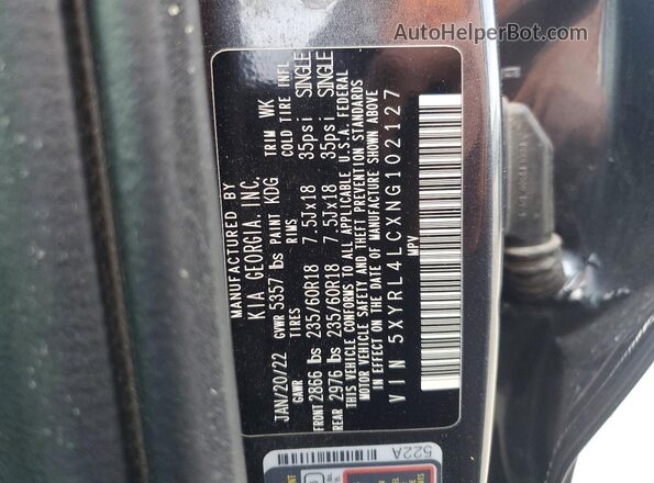 5XYRL4LCXNG102127 2022 KIA SORENTO Black Вид наклейки з VIN-кодом