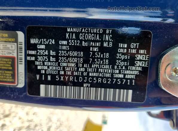 5XYRLDJC5RG275711 2024 KIA SORENTO Blue Vista de la etiqueta del VIN