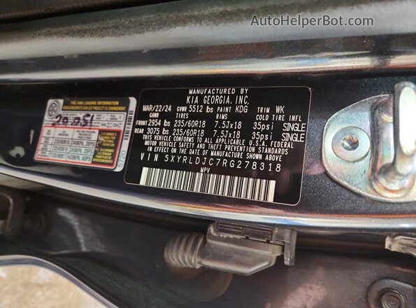 5XYRLDJC7RG278318 2024 KIA SORENTO Gray VIN კოდის სტიკერის ხედი