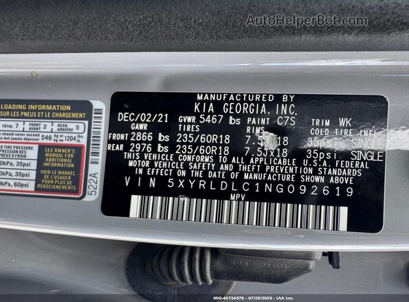 5XYRLDLC1NG092619 2022 KIA SORENTO Gray ძრავის განყოფილების ხედი