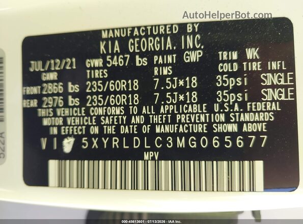 5XYRLDLC3MG065677 2021 KIA SORENTO White Engine compartment view