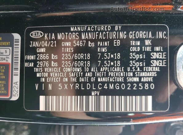 5XYRLDLC4MG022580 2021 KIA SORENTO Black Widok wnętrza 360 stopni